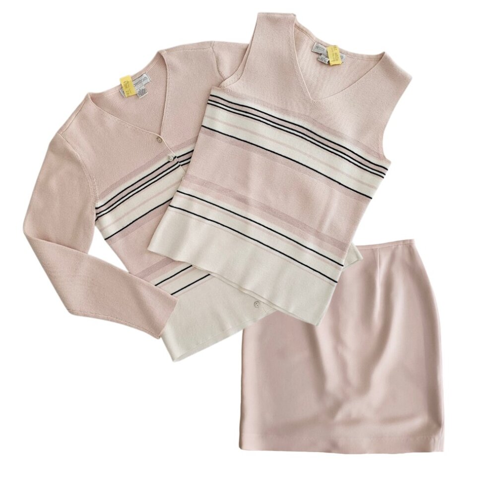 Petite Sophisticate Striped Sweater Set  | EUC | XSP | Pink Cream Navy - Picture 12 of 16